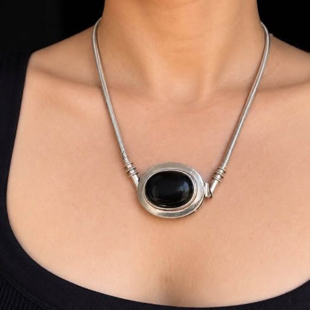 Bold Sterling Silver Onyx Statement Necklace — 18”